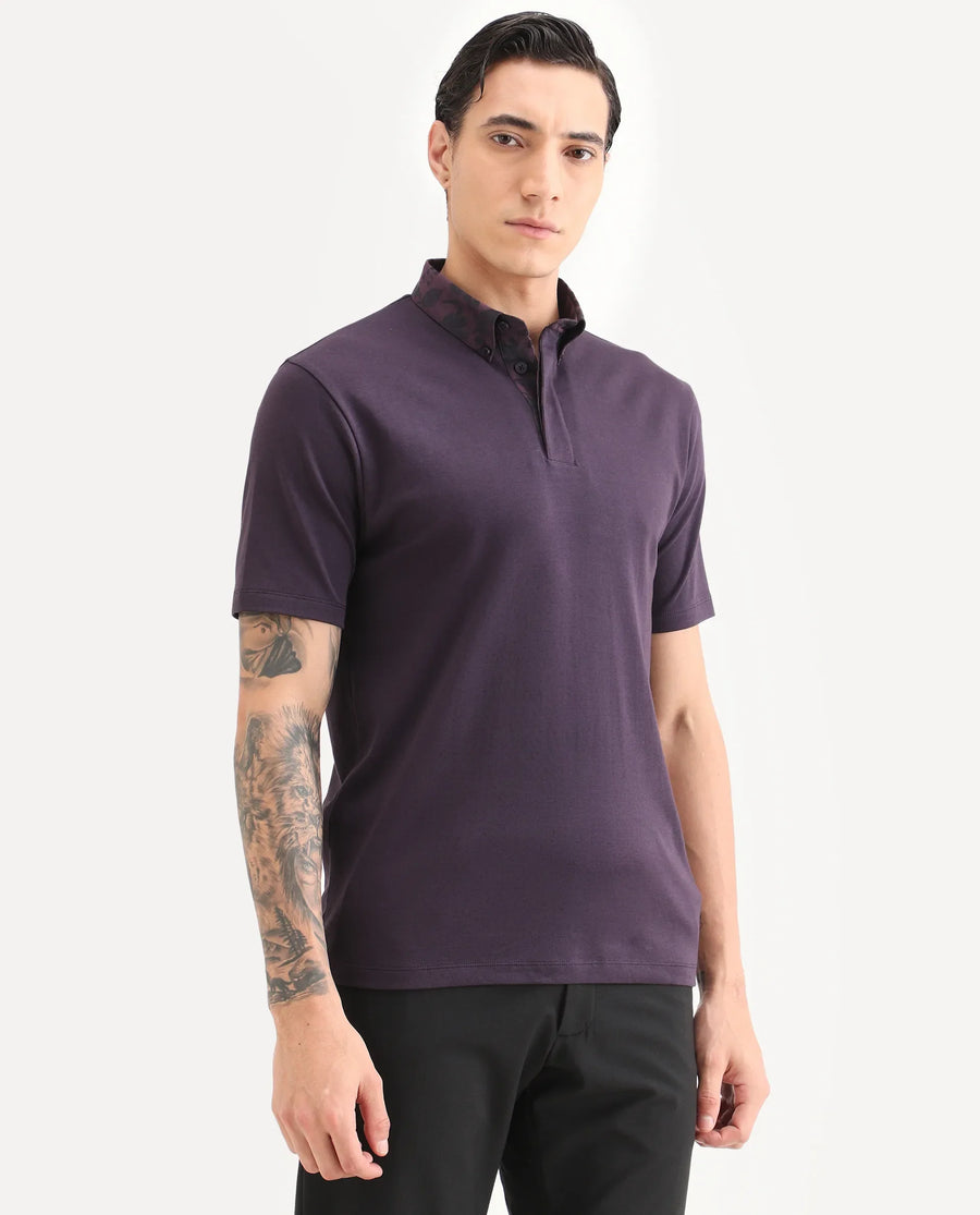 Rare Rabbit Men's Ringer-S26 Dark Purple Cotton Fabric Half Sleeve Spread Collar Regular Fit Plain Polo