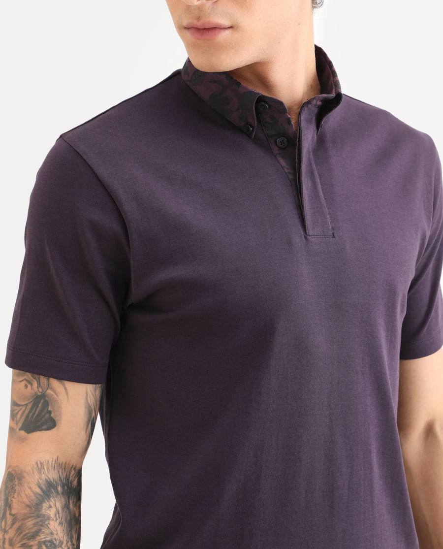 Rare Rabbit Men's Ringer-S26 Dark Purple Cotton Fabric Half Sleeve Spread Collar Regular Fit Plain Polo