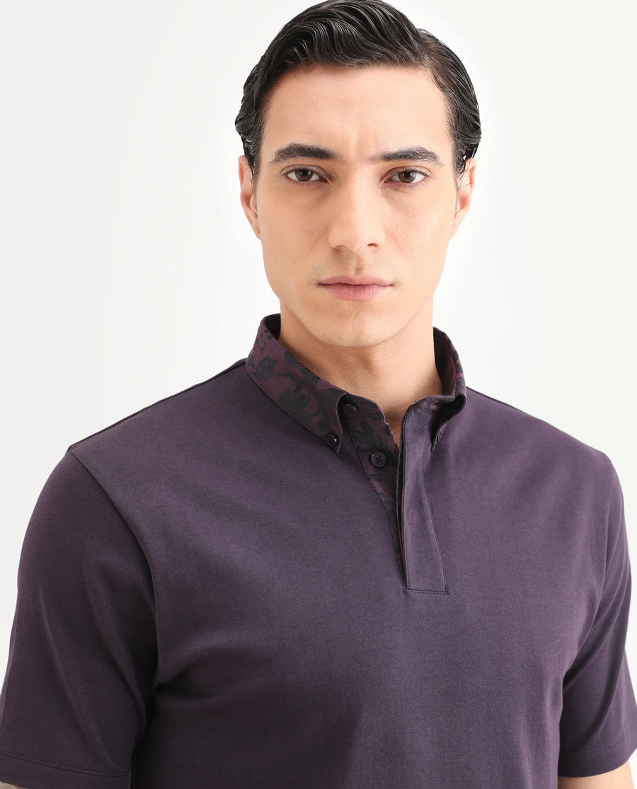 Rare Rabbit Men's Ringer-S26 Dark Purple Cotton Fabric Half Sleeve Spread Collar Regular Fit Plain Polo