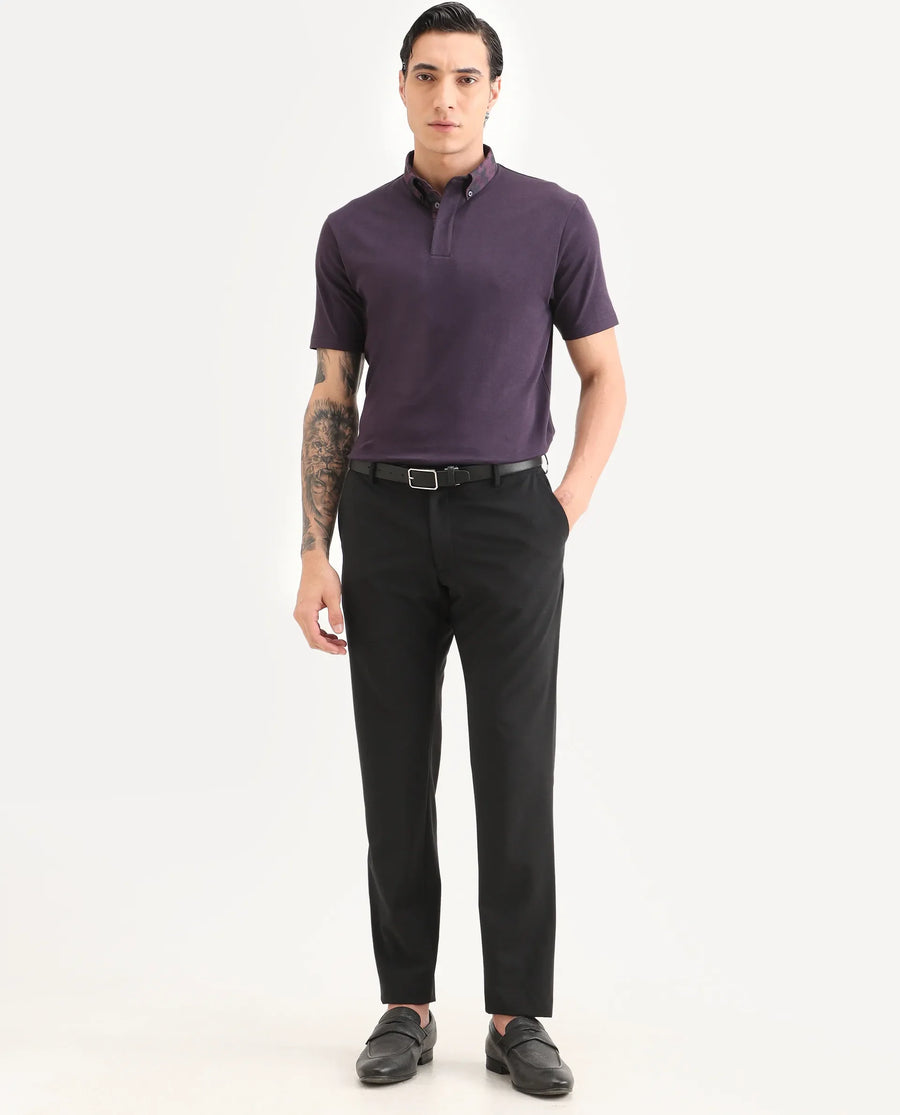 Rare Rabbit Men's Ringer-S26 Dark Purple Cotton Fabric Half Sleeve Spread Collar Regular Fit Plain Polo