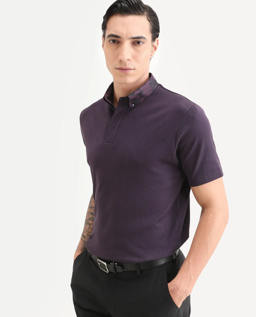 Rare Rabbit Men's Ringer-S26 Dark Purple Cotton Fabric Half Sleeve Spread Collar Regular Fit Plain Polo