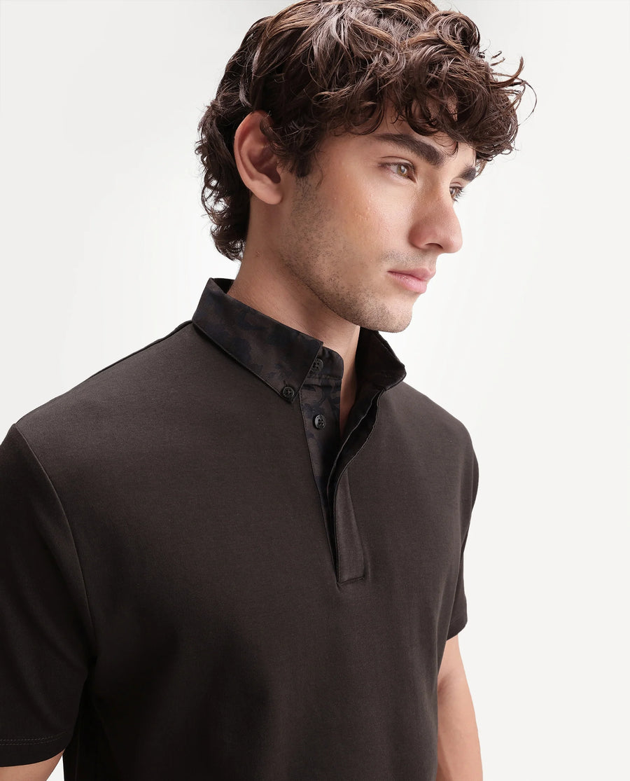 Rare Rabbit Men's Ringer-S26 Dark Brown Cotton Fabric Half Sleeve Spread Collar Regular Fit Plain Polo
