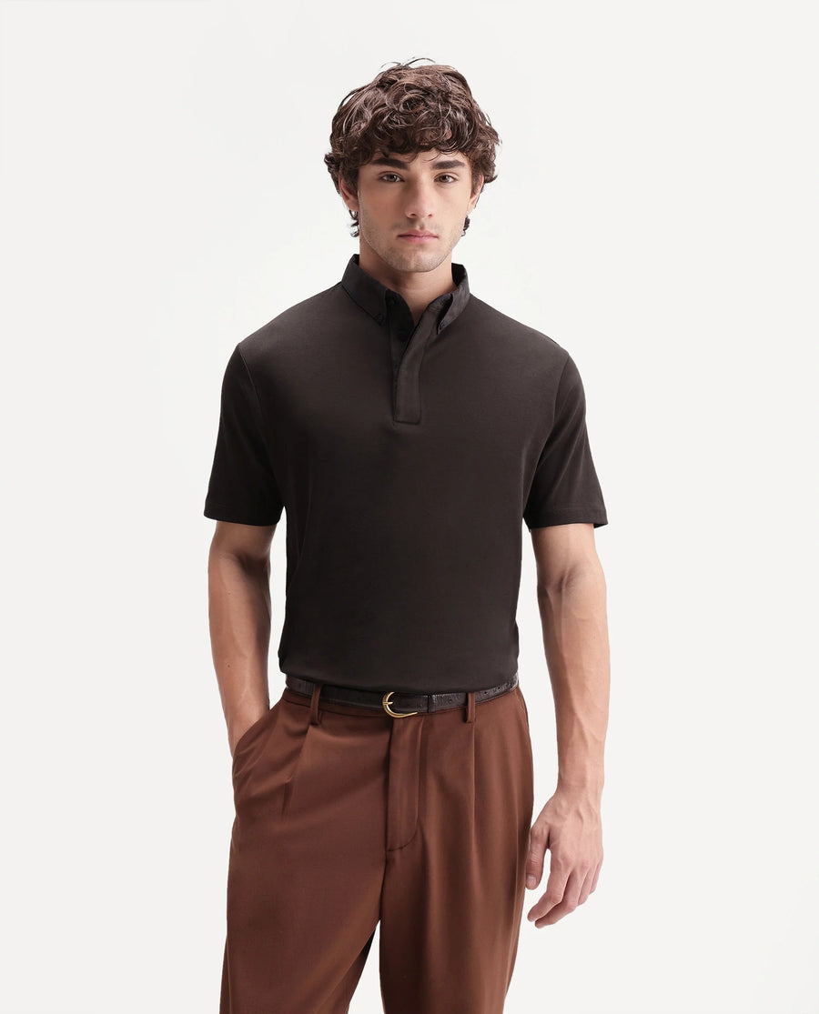 Rare Rabbit Men's Ringer-S26 Dark Brown Cotton Fabric Half Sleeve Spread Collar Regular Fit Plain Polo