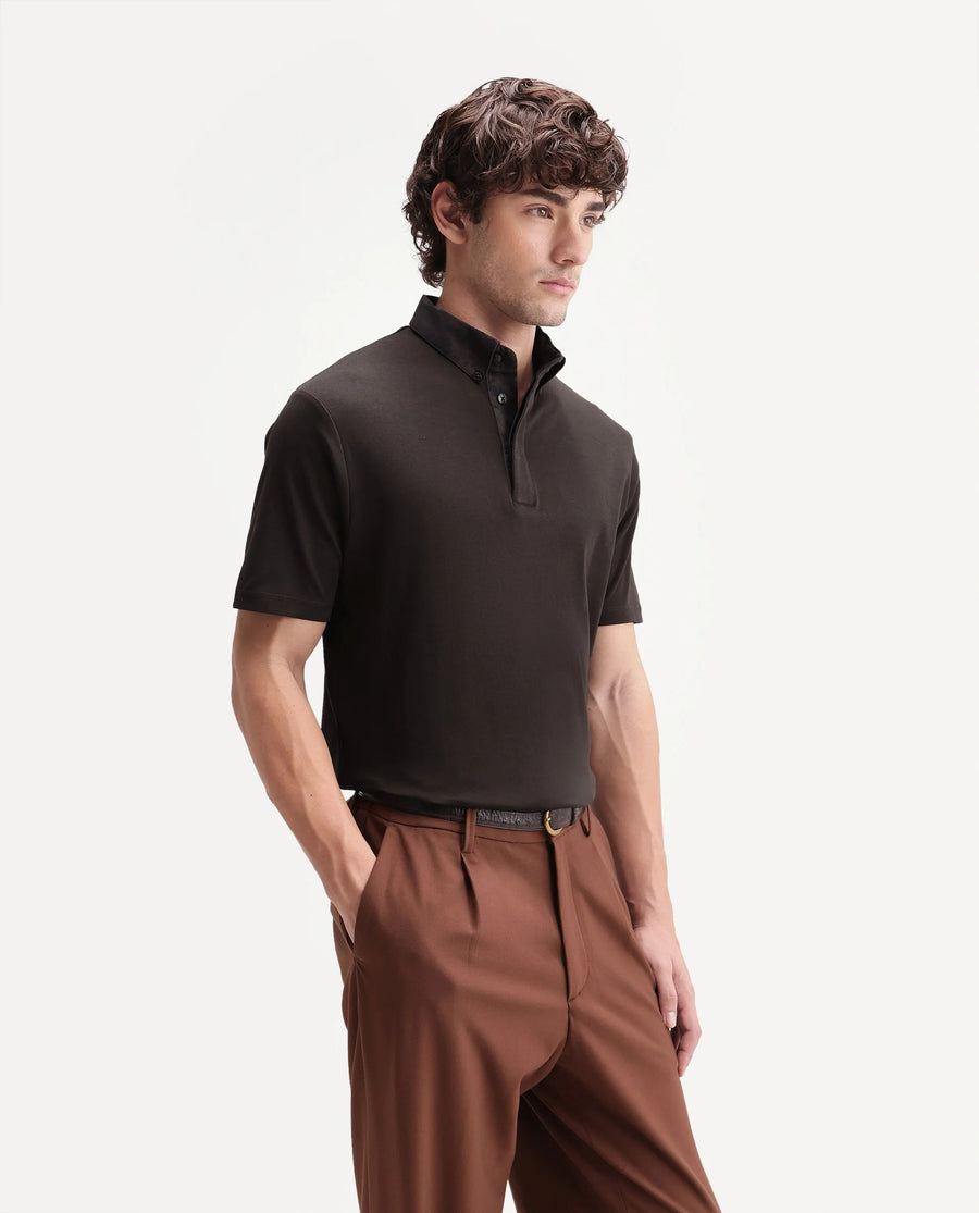 Rare Rabbit Men's Ringer-S26 Dark Brown Cotton Fabric Half Sleeve Spread Collar Regular Fit Plain Polo