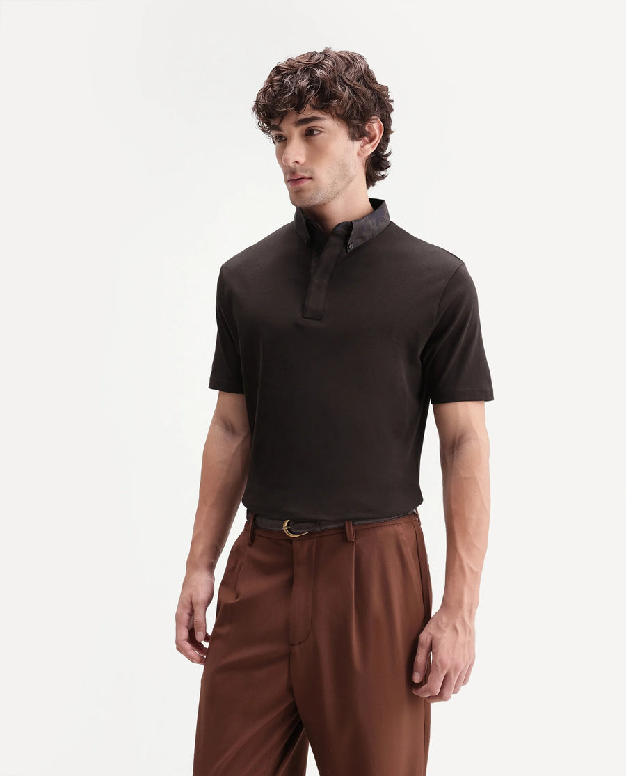 Rare Rabbit Men's Ringer-S26 Dark Brown Cotton Fabric Half Sleeve Spread Collar Regular Fit Plain Polo