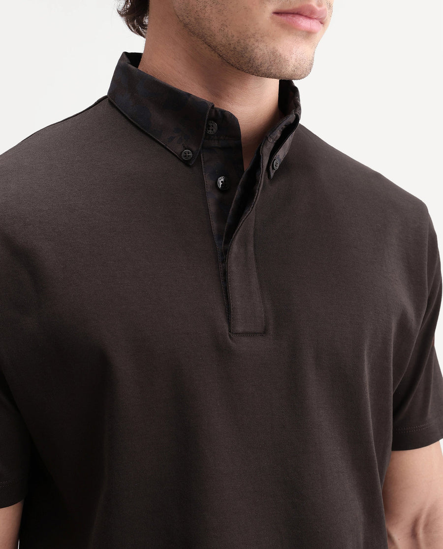 Rare Rabbit Men's Ringer-S26 Dark Brown Cotton Fabric Half Sleeve Spread Collar Regular Fit Plain Polo