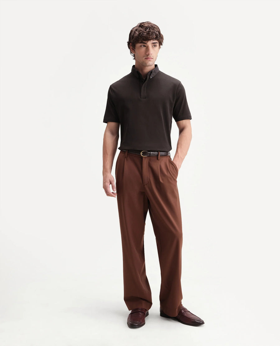 Rare Rabbit Men's Ringer-S26 Dark Brown Cotton Fabric Half Sleeve Spread Collar Regular Fit Plain Polo