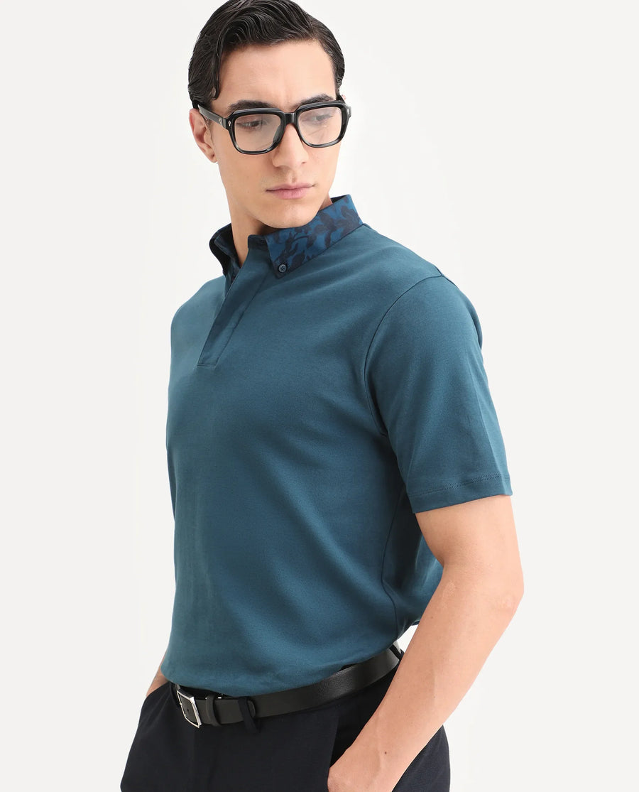 Rare Rabbit Men's Ringer-S26 Teal Cotton Fabric Half Sleeve Spread Collar Regular Fit Plain Polo