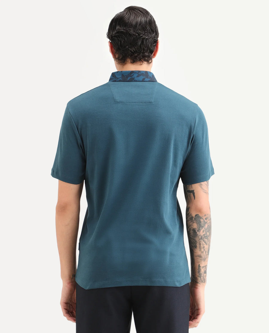 Rare Rabbit Men's Ringer-S26 Teal Cotton Fabric Half Sleeve Spread Collar Regular Fit Plain Polo