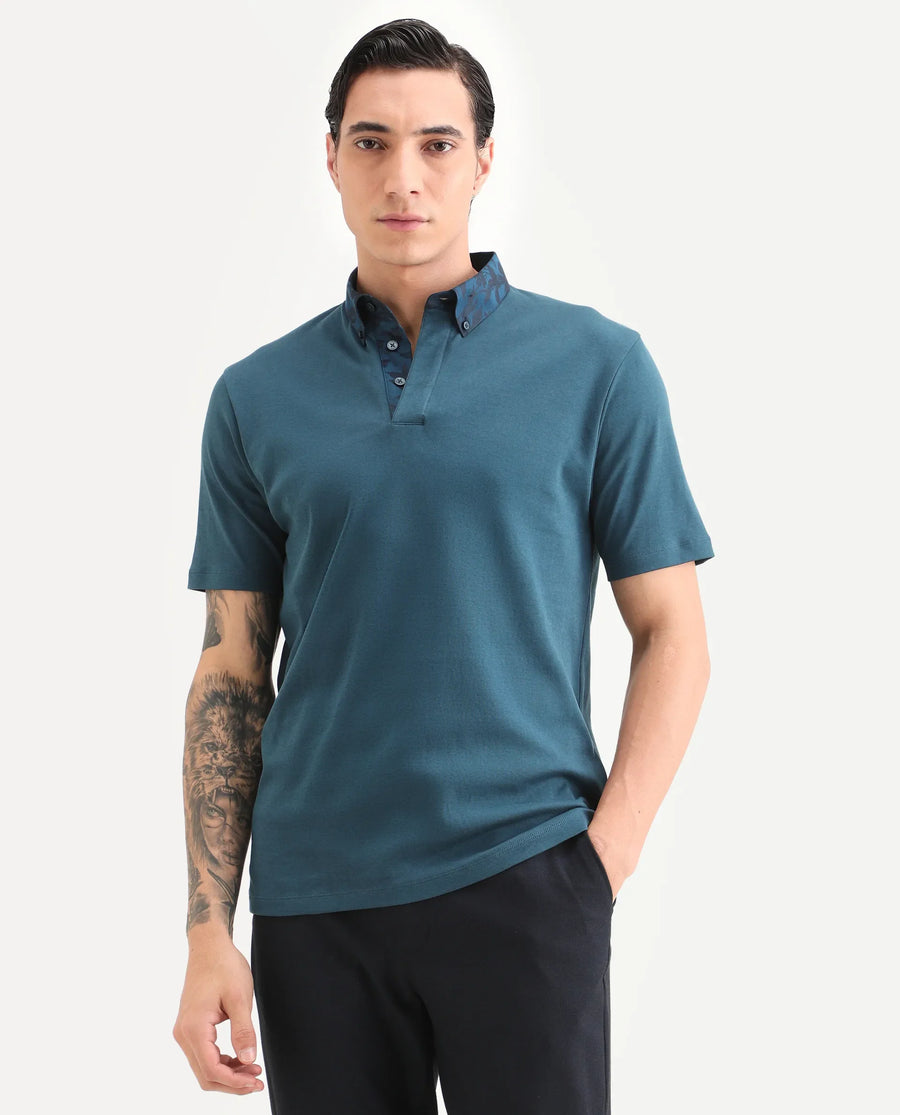 Rare Rabbit Men's Ringer-S26 Teal Cotton Fabric Half Sleeve Spread Collar Regular Fit Plain Polo