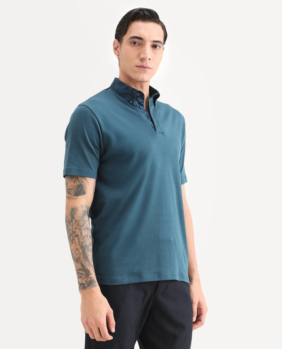 Rare Rabbit Men's Ringer-S26 Teal Cotton Fabric Half Sleeve Spread Collar Regular Fit Plain Polo