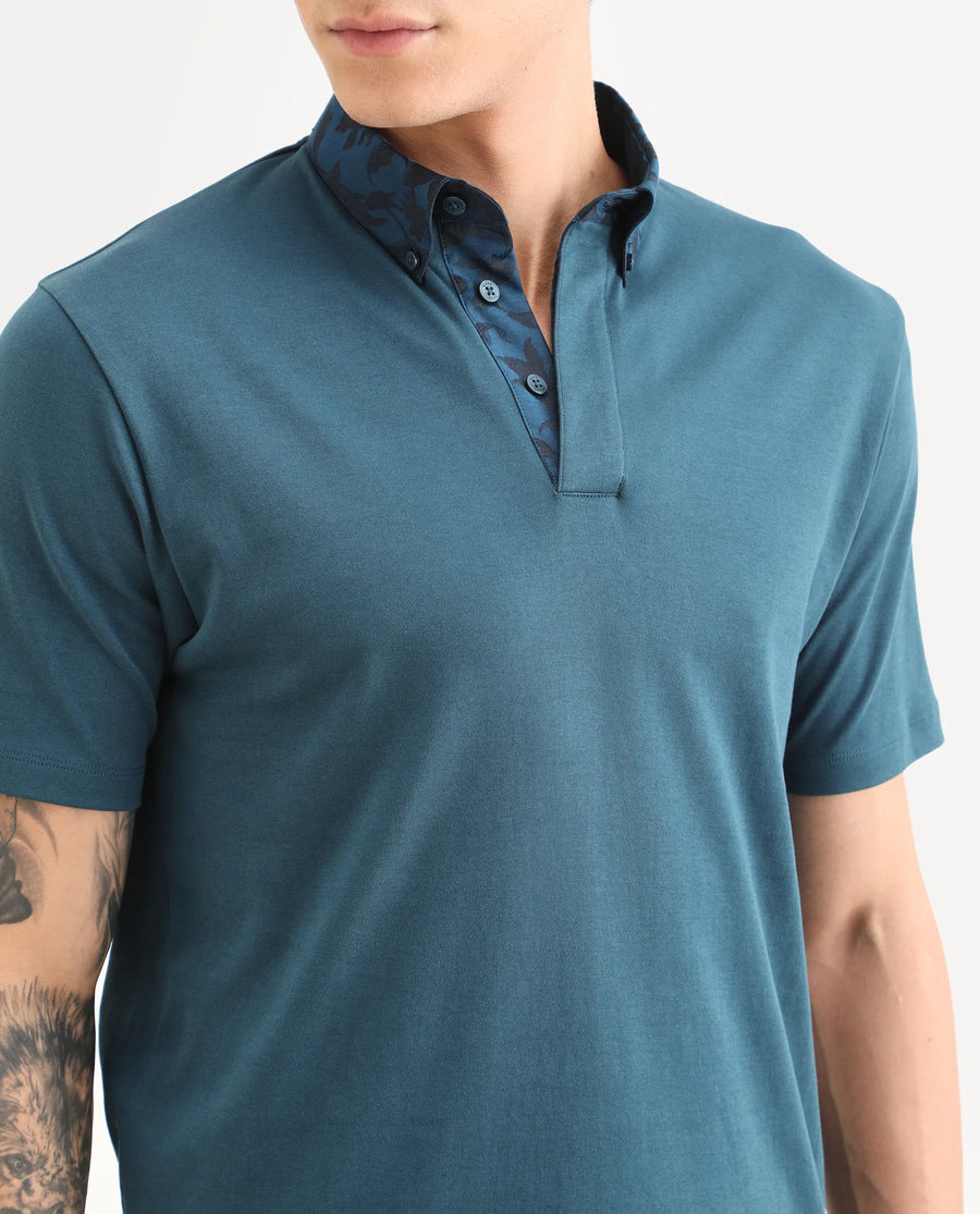 Rare Rabbit Men's Ringer-S26 Teal Cotton Fabric Half Sleeve Spread Collar Regular Fit Plain Polo