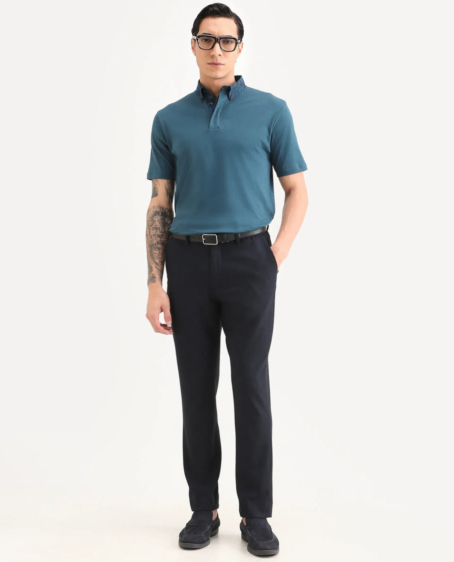 Rare Rabbit Men's Ringer-S26 Teal Cotton Fabric Half Sleeve Spread Collar Regular Fit Plain Polo