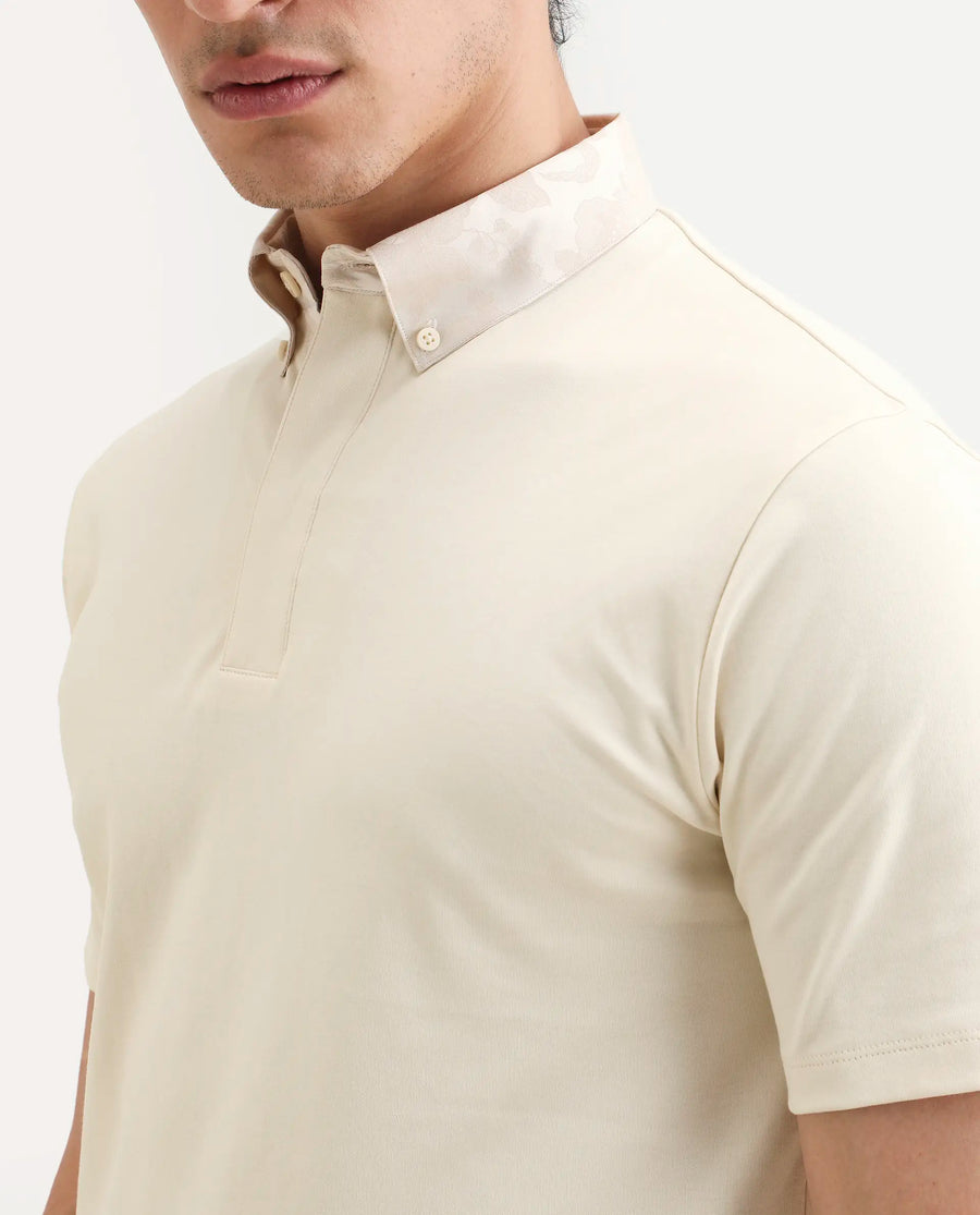 Rare Rabbit Men's Ringer-S26 Light Beige Cotton Fabric Half Sleeve Spread Collar Regular Fit Plain Polo