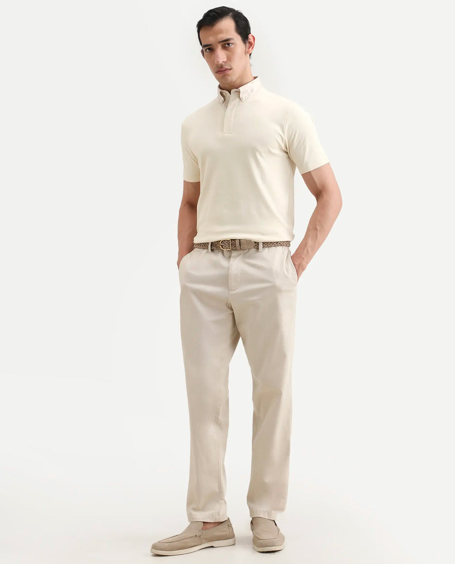 Rare Rabbit Men's Ringer-S26 Light Beige Cotton Fabric Half Sleeve Spread Collar Regular Fit Plain Polo