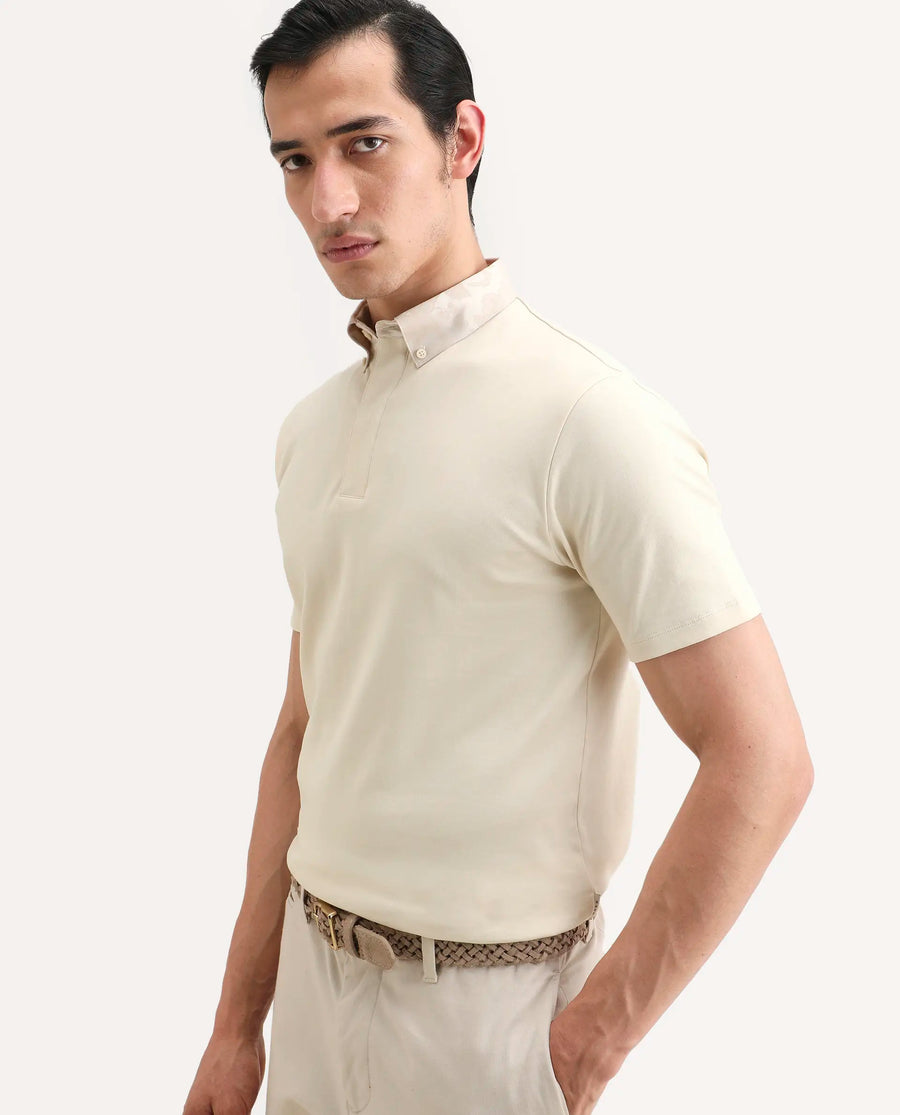Rare Rabbit Men's Ringer-S26 Light Beige Cotton Fabric Half Sleeve Spread Collar Regular Fit Plain Polo