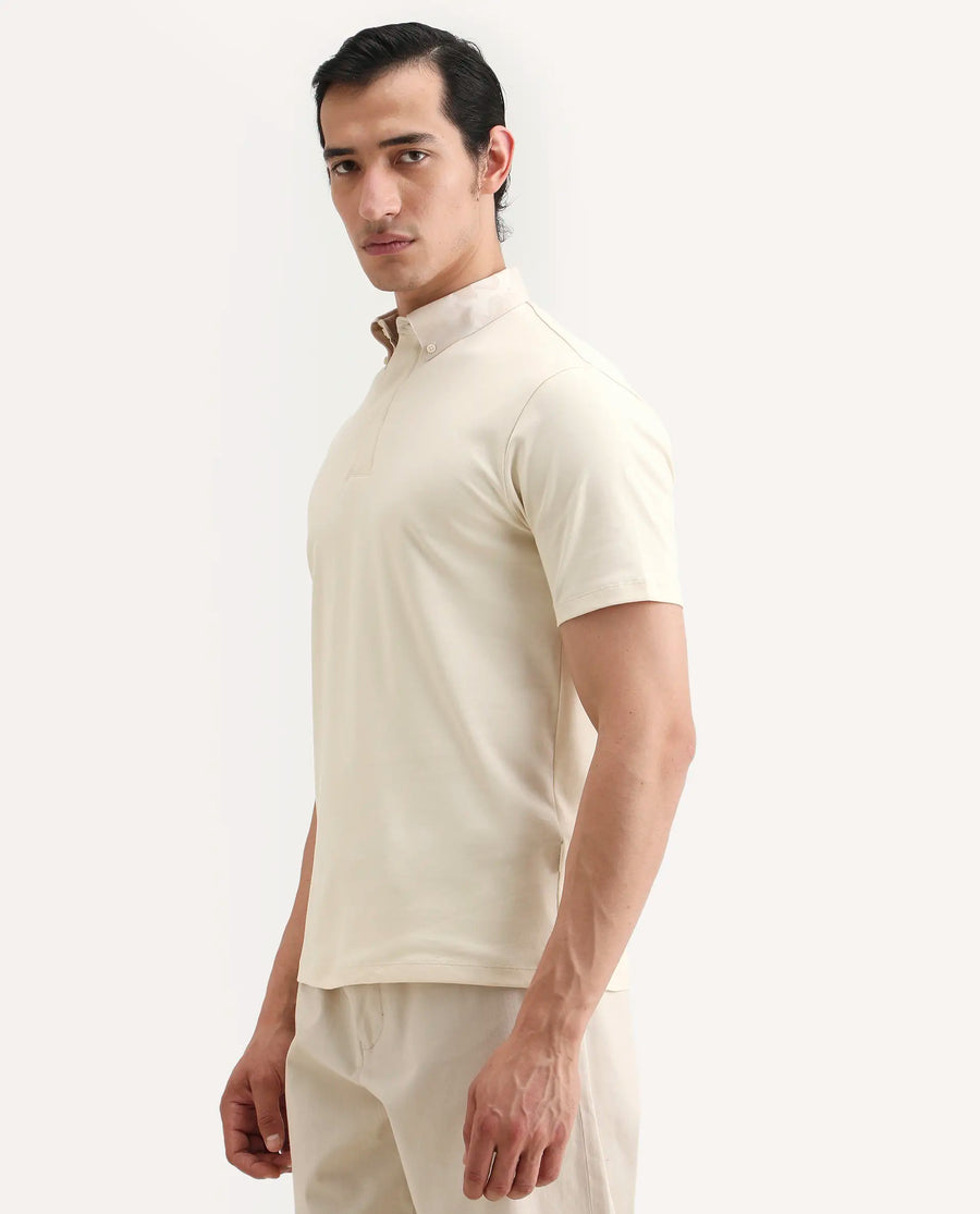 Rare Rabbit Men's Ringer-S26 Light Beige Cotton Fabric Half Sleeve Spread Collar Regular Fit Plain Polo