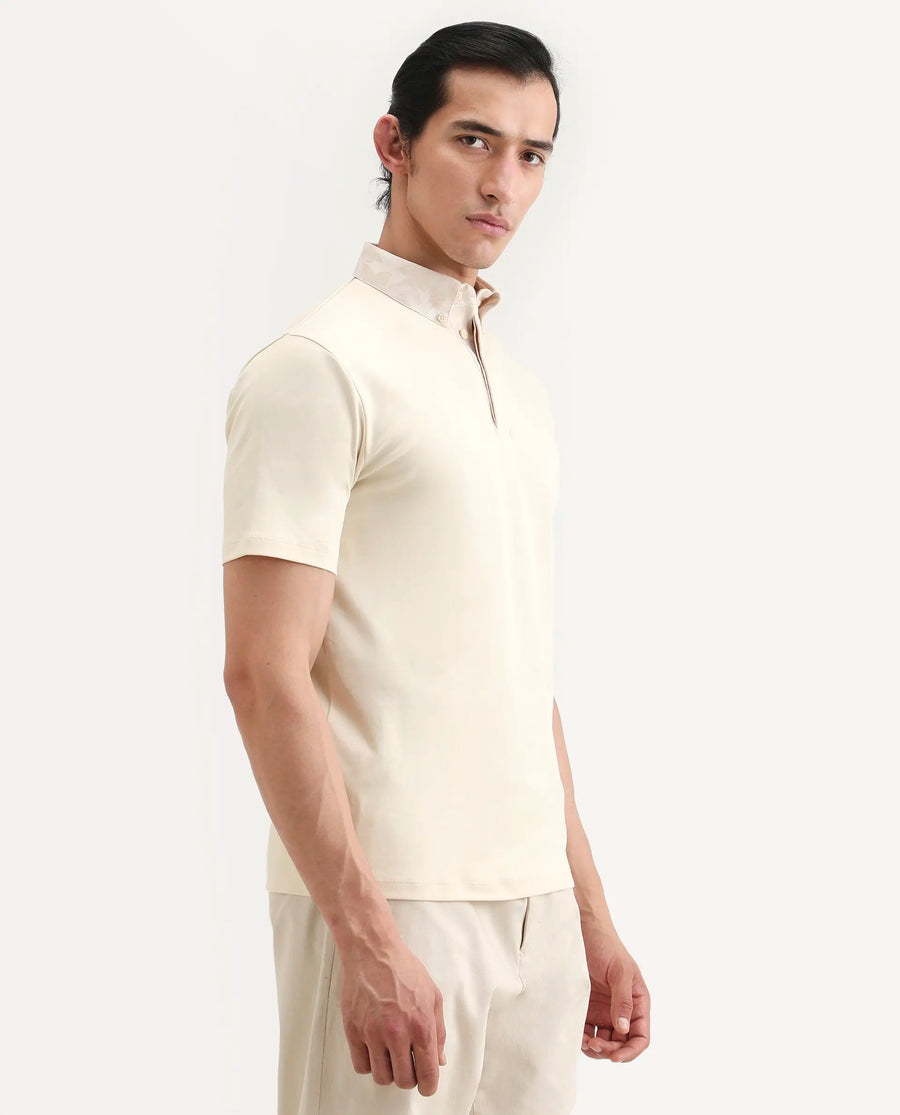 Rare Rabbit Men's Ringer-S26 Light Beige Cotton Fabric Half Sleeve Spread Collar Regular Fit Plain Polo