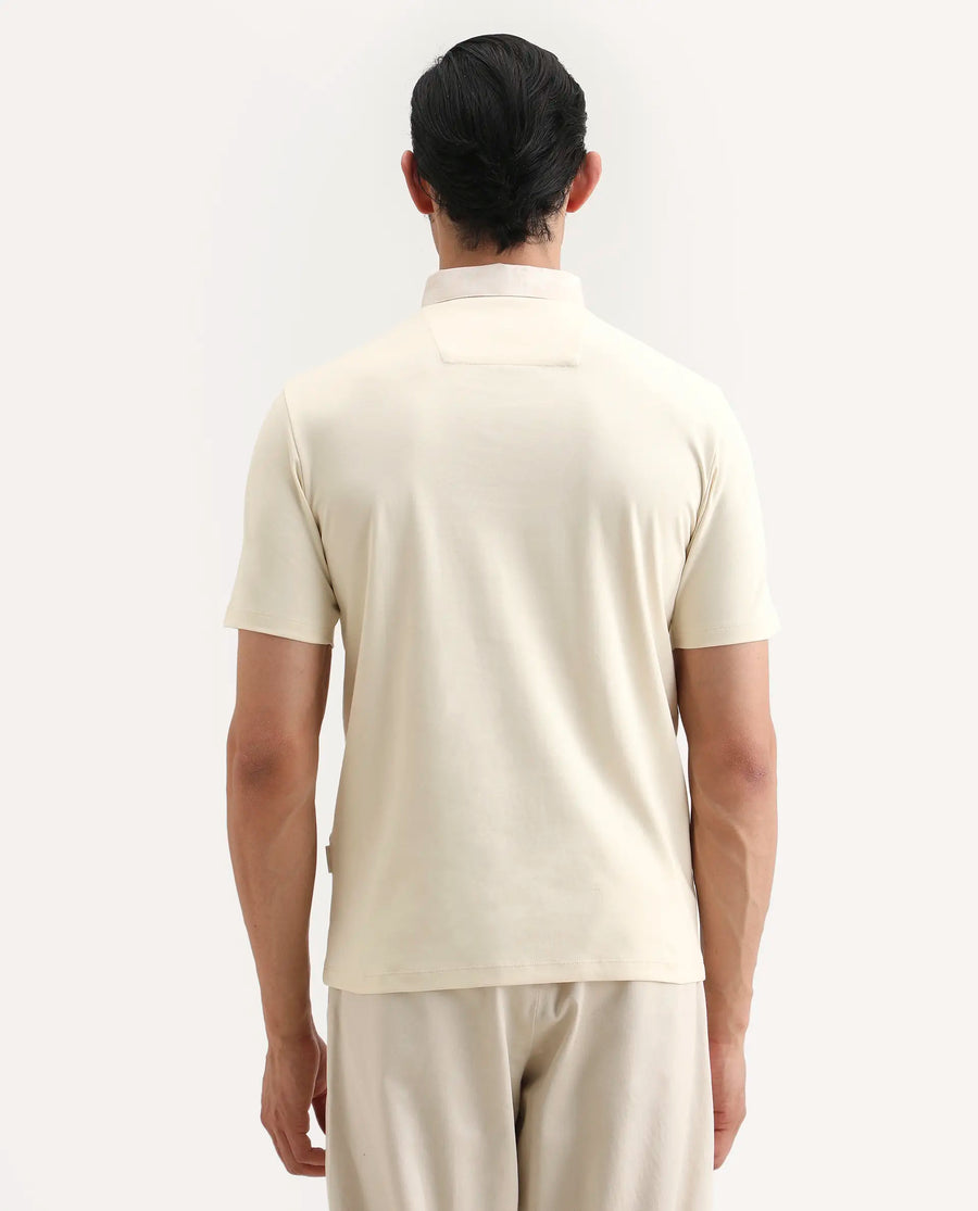Rare Rabbit Men's Ringer-S26 Light Beige Cotton Fabric Half Sleeve Spread Collar Regular Fit Plain Polo