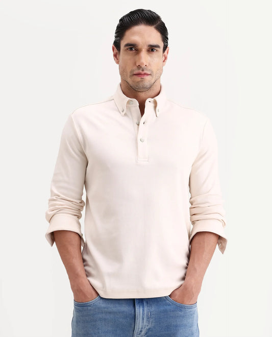 Rare Rabbit Men's Rint Off White Cotton Blend Fabric Full Sleeve Spread Collar Regular Fit Plain Polo