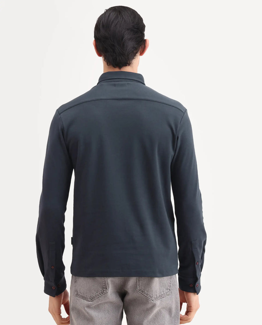 Rare Rabbit Men's Rint Dark Navy Cotton Blend Fabric Full Sleeve Spread Collar Regular Fit Plain Polo