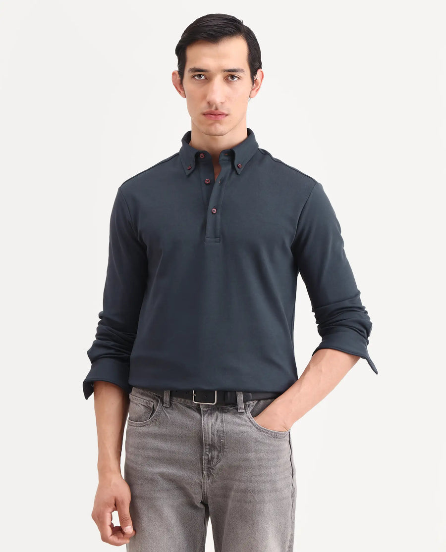 Rare Rabbit Men's Rint Dark Navy Cotton Blend Fabric Full Sleeve Spread Collar Regular Fit Plain Polo
