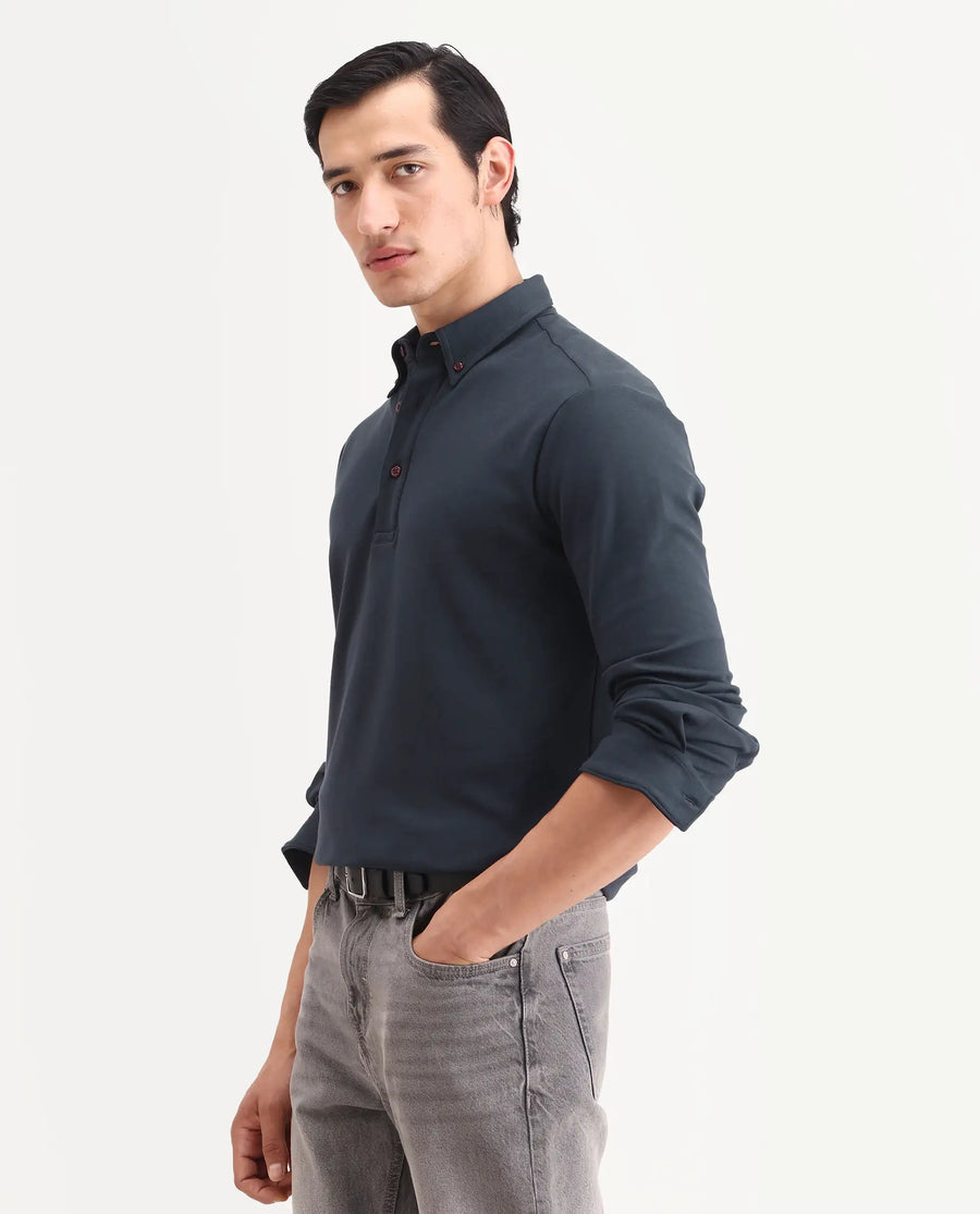 Rare Rabbit Men's Rint Dark Navy Cotton Blend Fabric Full Sleeve Spread Collar Regular Fit Plain Polo