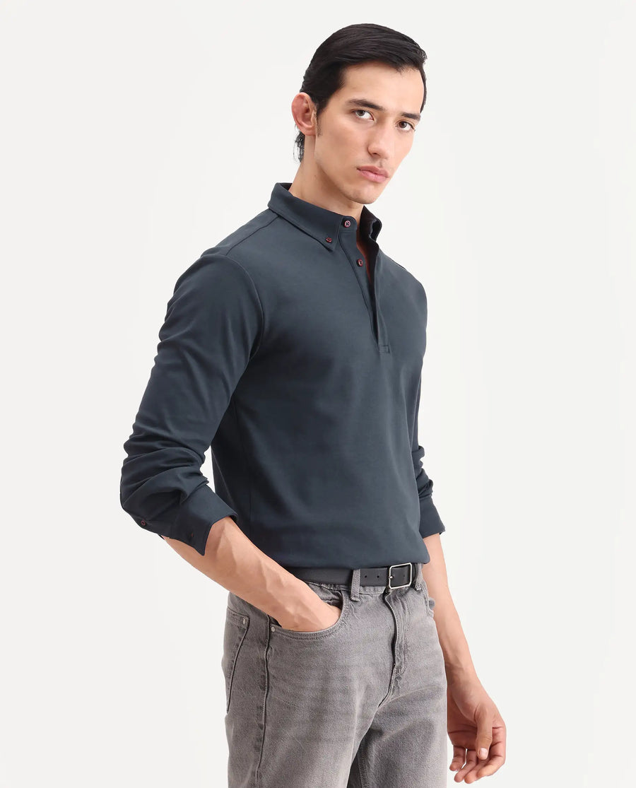 Rare Rabbit Men's Rint Dark Navy Cotton Blend Fabric Full Sleeve Spread Collar Regular Fit Plain Polo