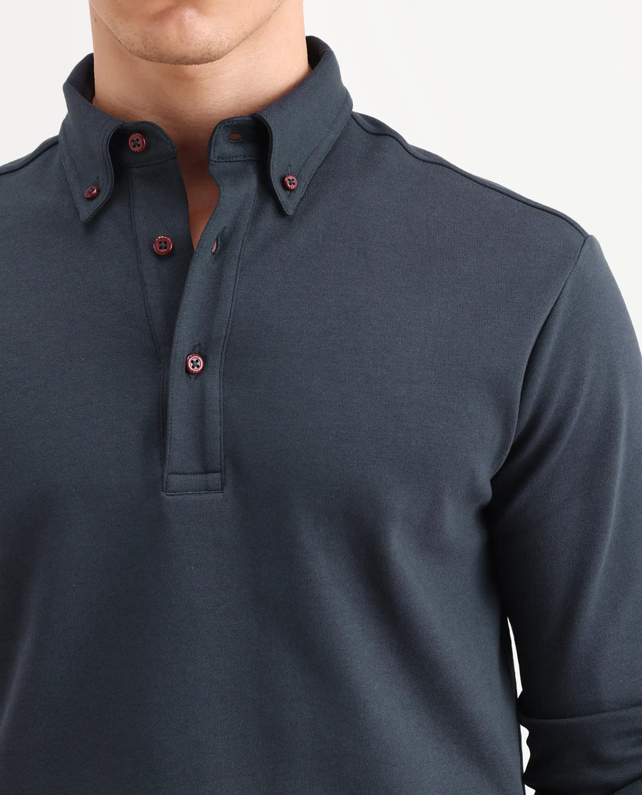 Rare Rabbit Men's Rint Dark Navy Cotton Blend Fabric Full Sleeve Spread Collar Regular Fit Plain Polo