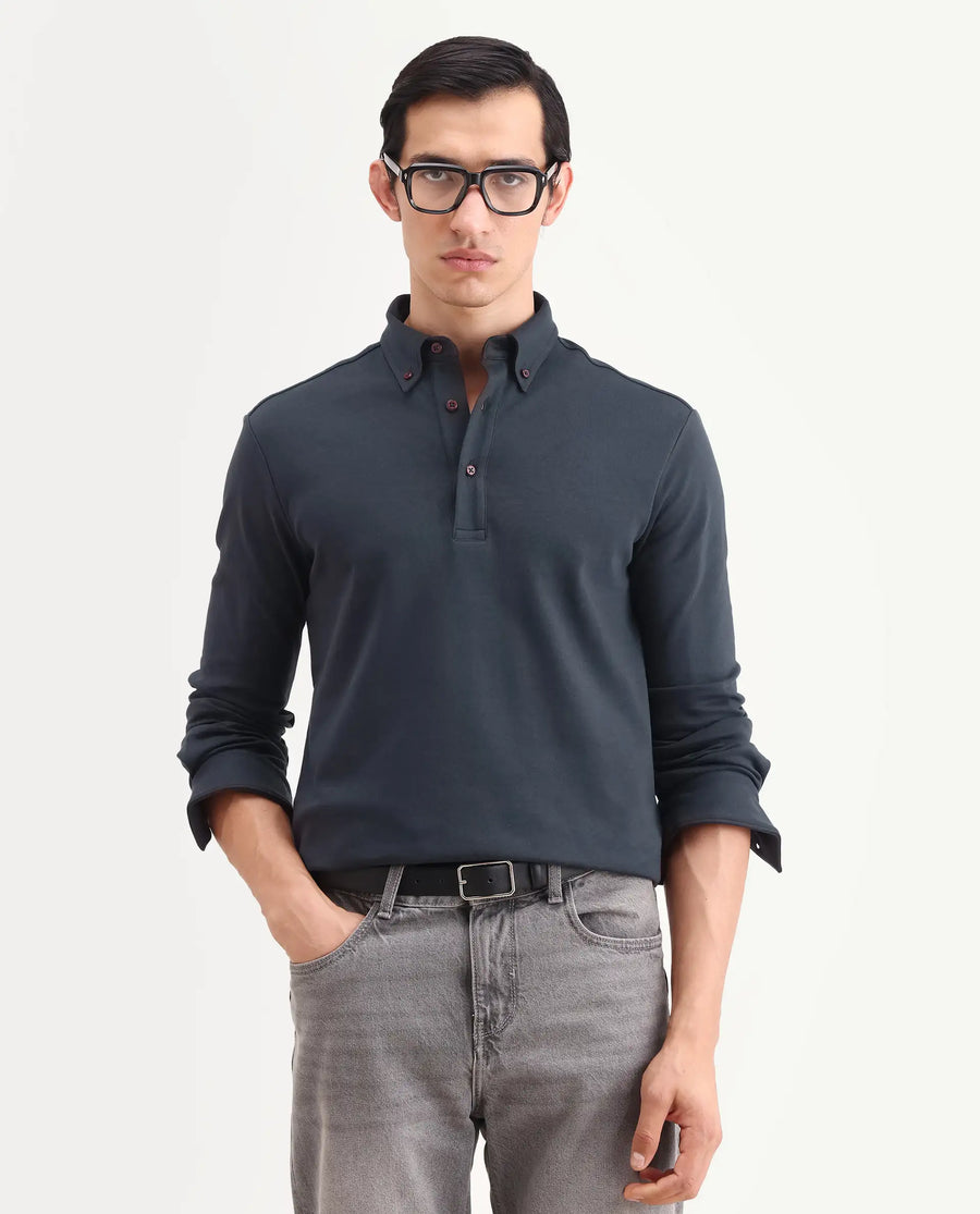 Rare Rabbit Men's Rint Dark Navy Cotton Blend Fabric Full Sleeve Spread Collar Regular Fit Plain Polo