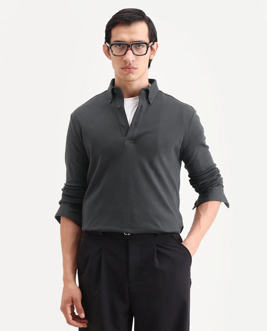 Rare Rabbit Men's Rint Dark Grey Cotton Blend Fabric Full Sleeve Spread Collar Regular Fit Plain Polo
