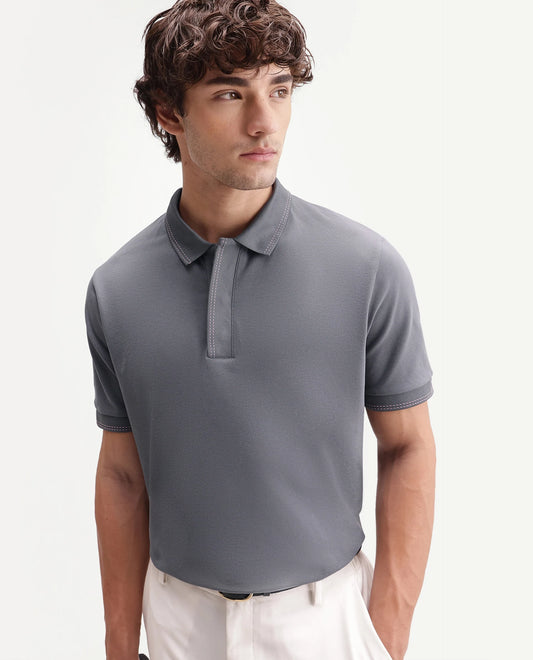 Rare Rabbit Men's Rowl-S26 Dark Grey Cotton Blend Fabric Half Sleeve Spread Collar Regular Fit Plain Polo