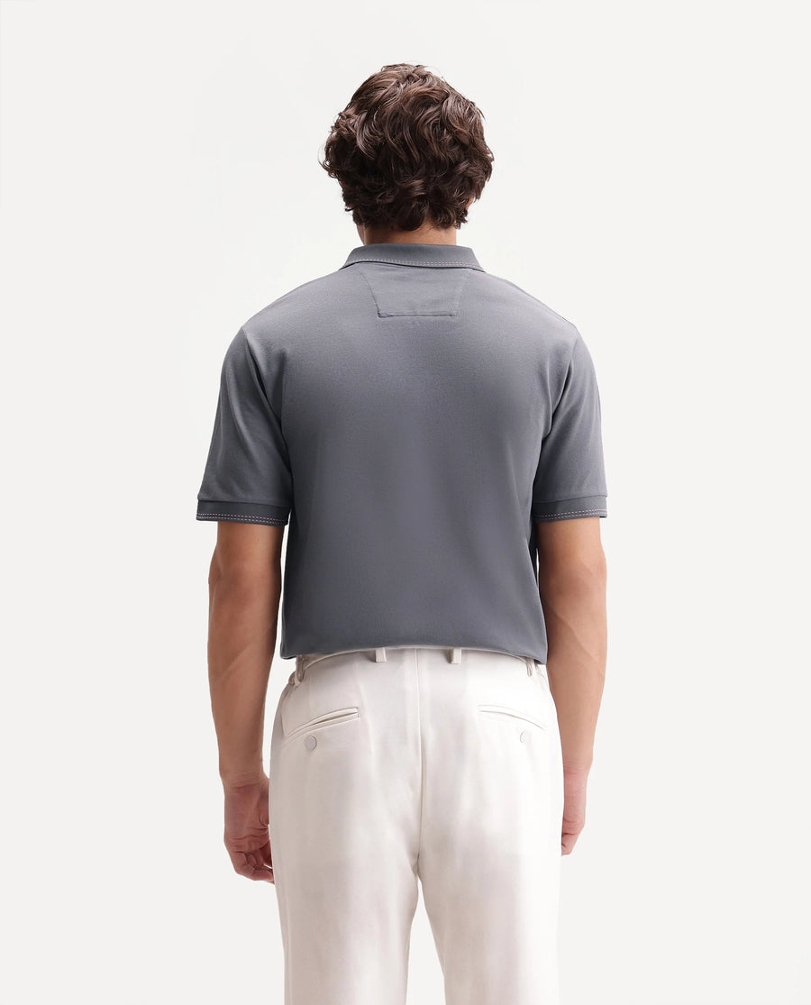 Rare Rabbit Men's Rowl-S26 Dark Grey Cotton Blend Fabric Half Sleeve Spread Collar Regular Fit Plain Polo