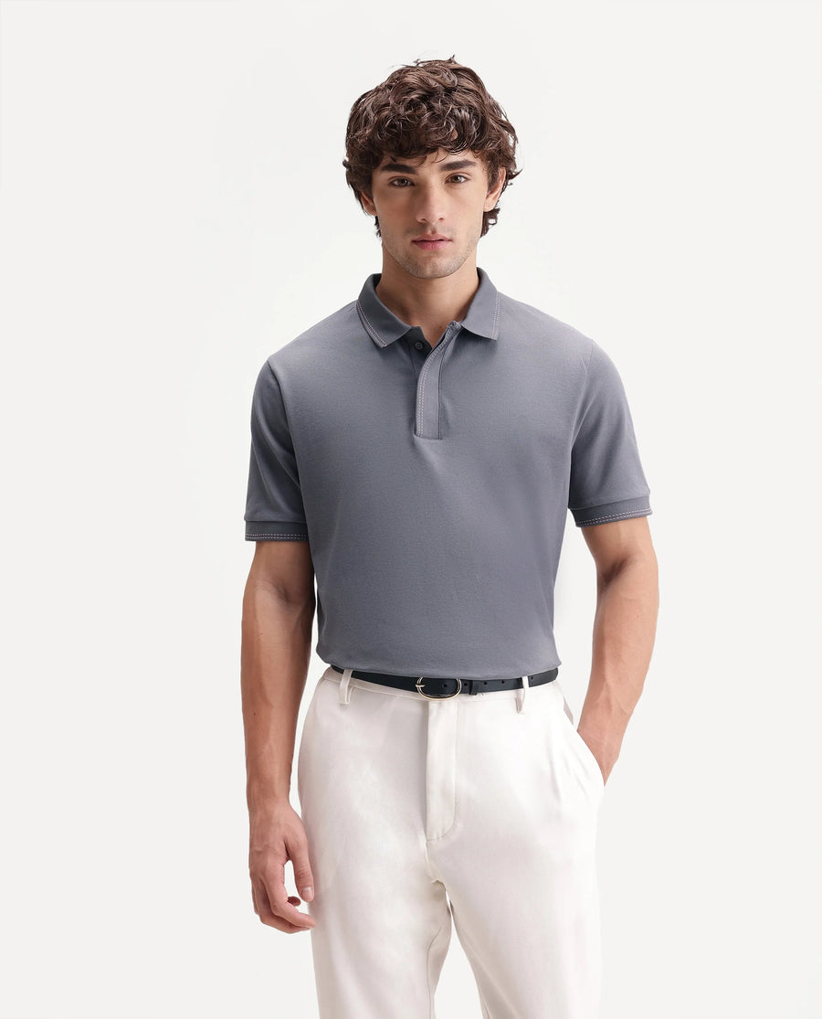 Rare Rabbit Men's Rowl-S26 Dark Grey Cotton Blend Fabric Half Sleeve Spread Collar Regular Fit Plain Polo