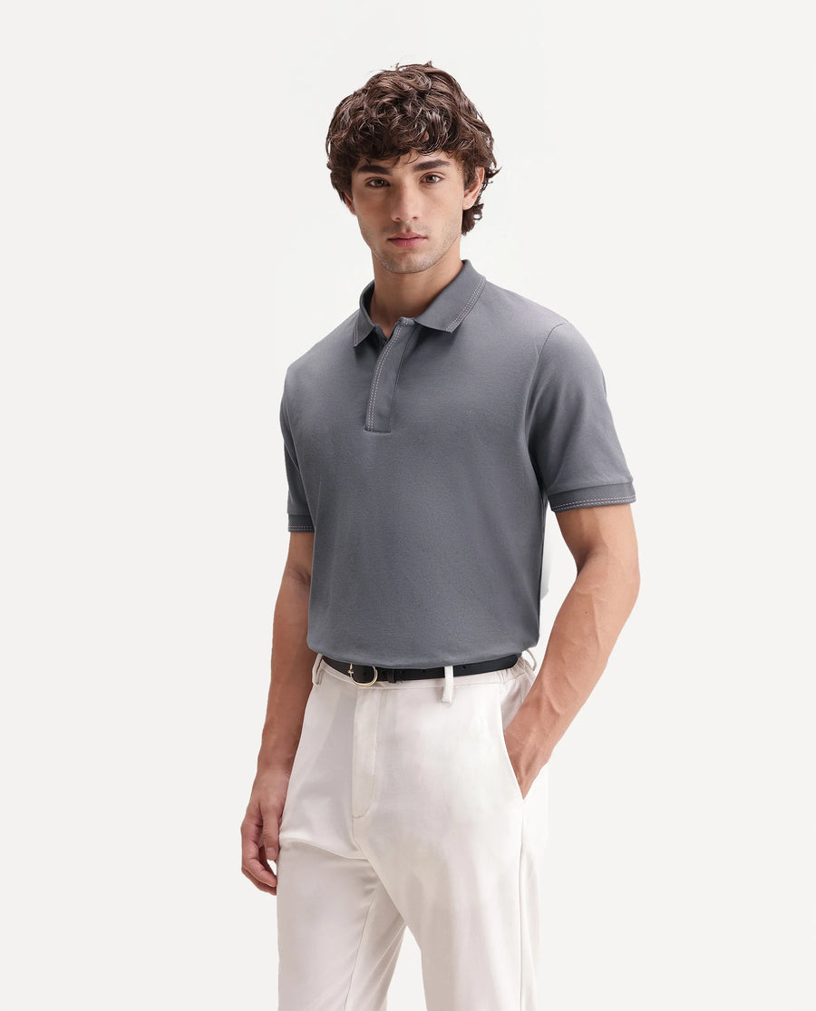 Rare Rabbit Men's Rowl-S26 Dark Grey Cotton Blend Fabric Half Sleeve Spread Collar Regular Fit Plain Polo