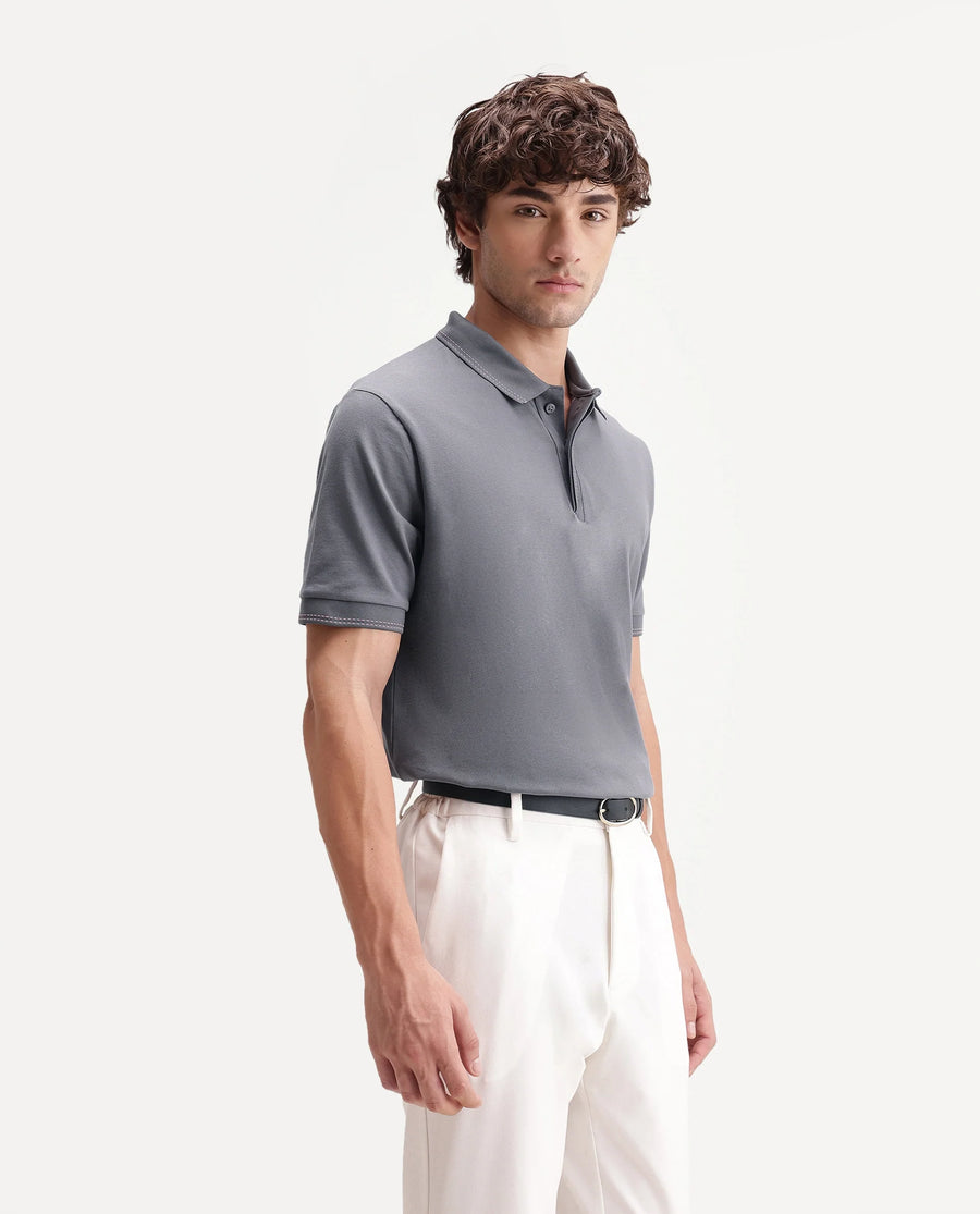 Rare Rabbit Men's Rowl-S26 Dark Grey Cotton Blend Fabric Half Sleeve Spread Collar Regular Fit Plain Polo