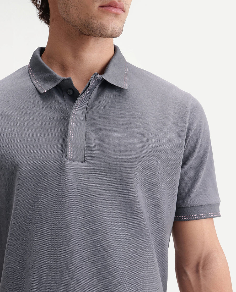 Rare Rabbit Men's Rowl-S26 Dark Grey Cotton Blend Fabric Half Sleeve Spread Collar Regular Fit Plain Polo
