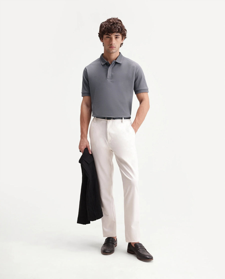 Rare Rabbit Men's Rowl-S26 Dark Grey Cotton Blend Fabric Half Sleeve Spread Collar Regular Fit Plain Polo