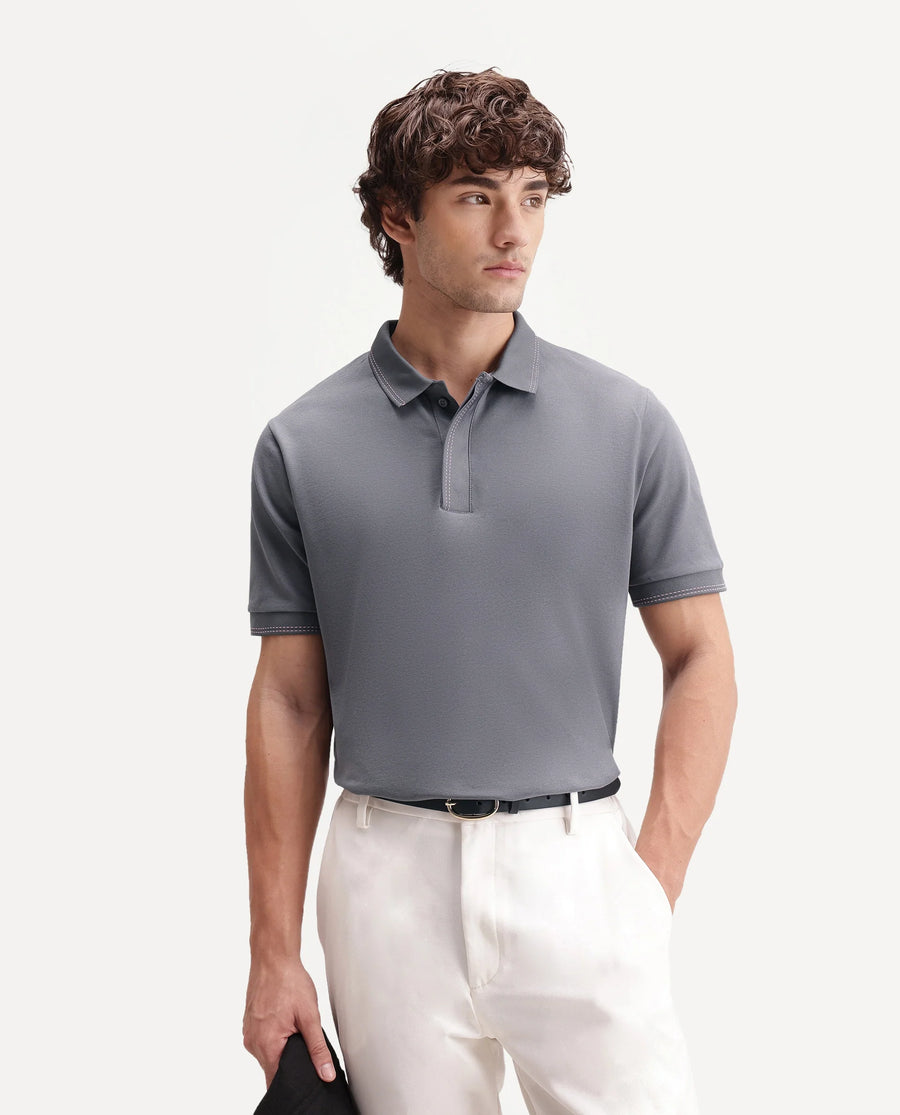 Rare Rabbit Men's Rowl-S26 Dark Grey Cotton Blend Fabric Half Sleeve Spread Collar Regular Fit Plain Polo