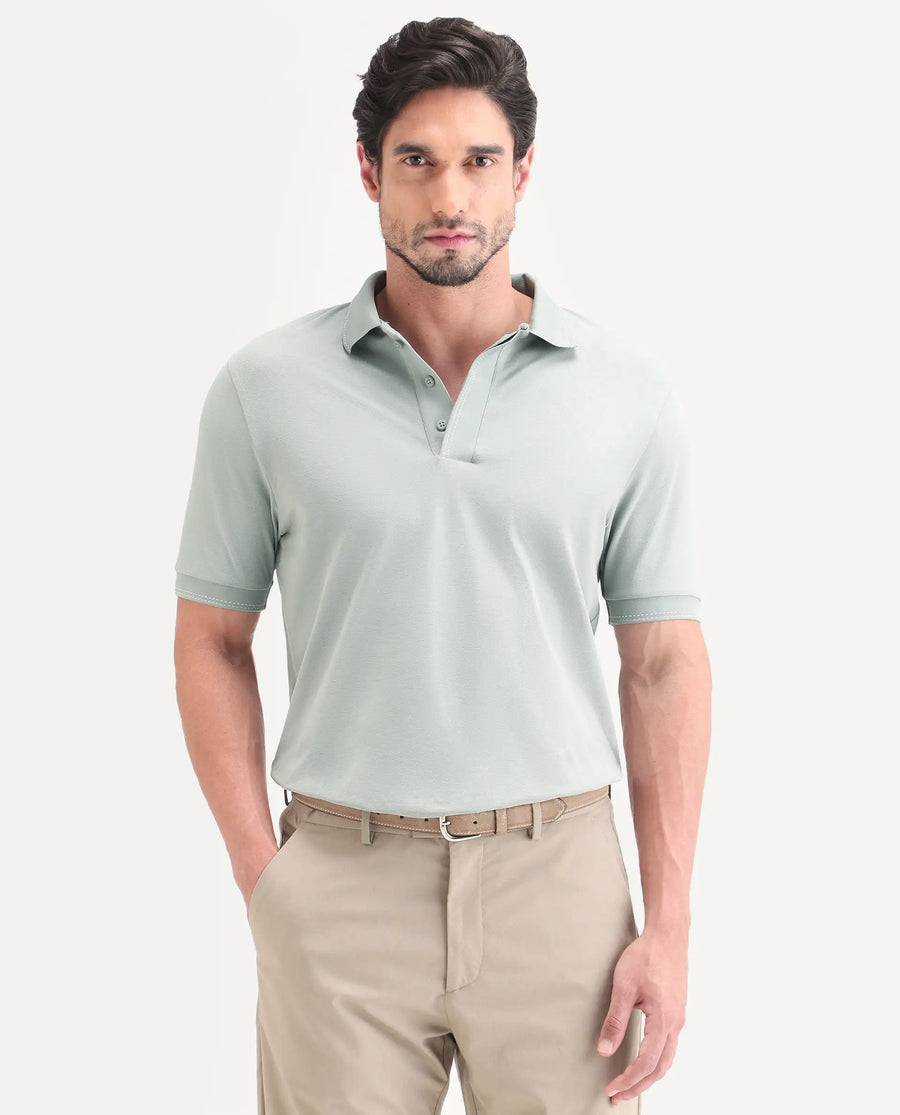 Rare Rabbit Men's Rowl-S26 Dusky Green Cotton Blend Fabric Half Sleeve Spread Collar Regular Fit Plain Polo
