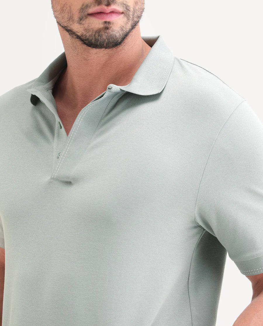 Rare Rabbit Men's Rowl-S26 Dusky Green Cotton Blend Fabric Half Sleeve Spread Collar Regular Fit Plain Polo