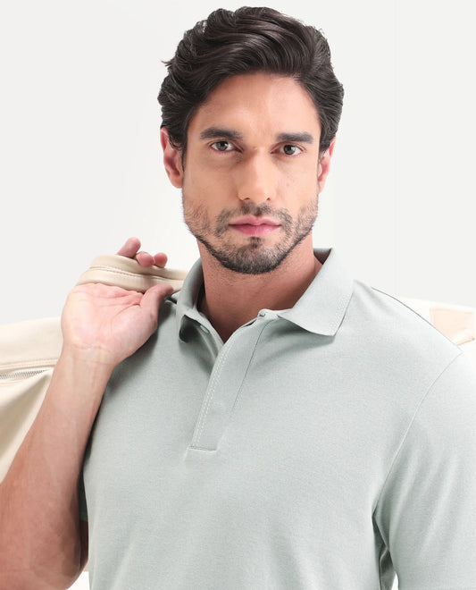 Rare Rabbit Men's Rowl-S26 Dusky Green Cotton Blend Fabric Half Sleeve Spread Collar Regular Fit Plain Polo