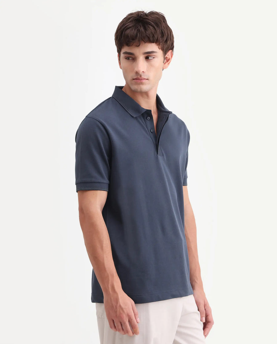 Rare Rabbit Men's Rowl-S26 Navy Cotton Blend Fabric Half Sleeve Spread Collar Regular Fit Plain Polo