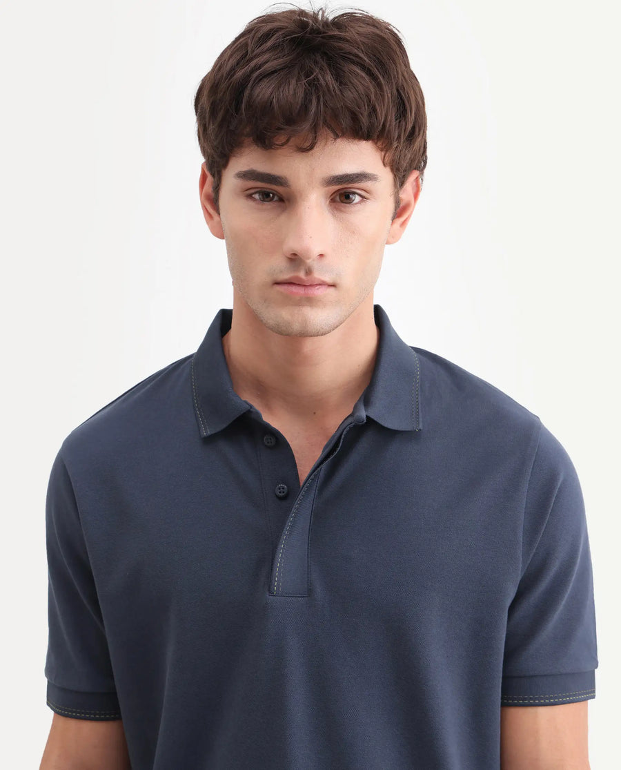 Rare Rabbit Men's Rowl-S26 Navy Cotton Blend Fabric Half Sleeve Spread Collar Regular Fit Plain Polo