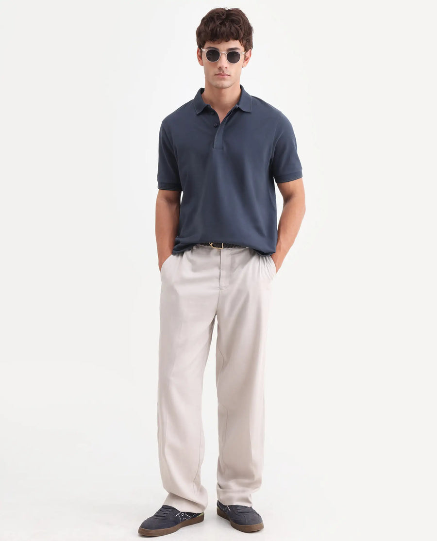 Rare Rabbit Men's Rowl-S26 Navy Cotton Blend Fabric Half Sleeve Spread Collar Regular Fit Plain Polo