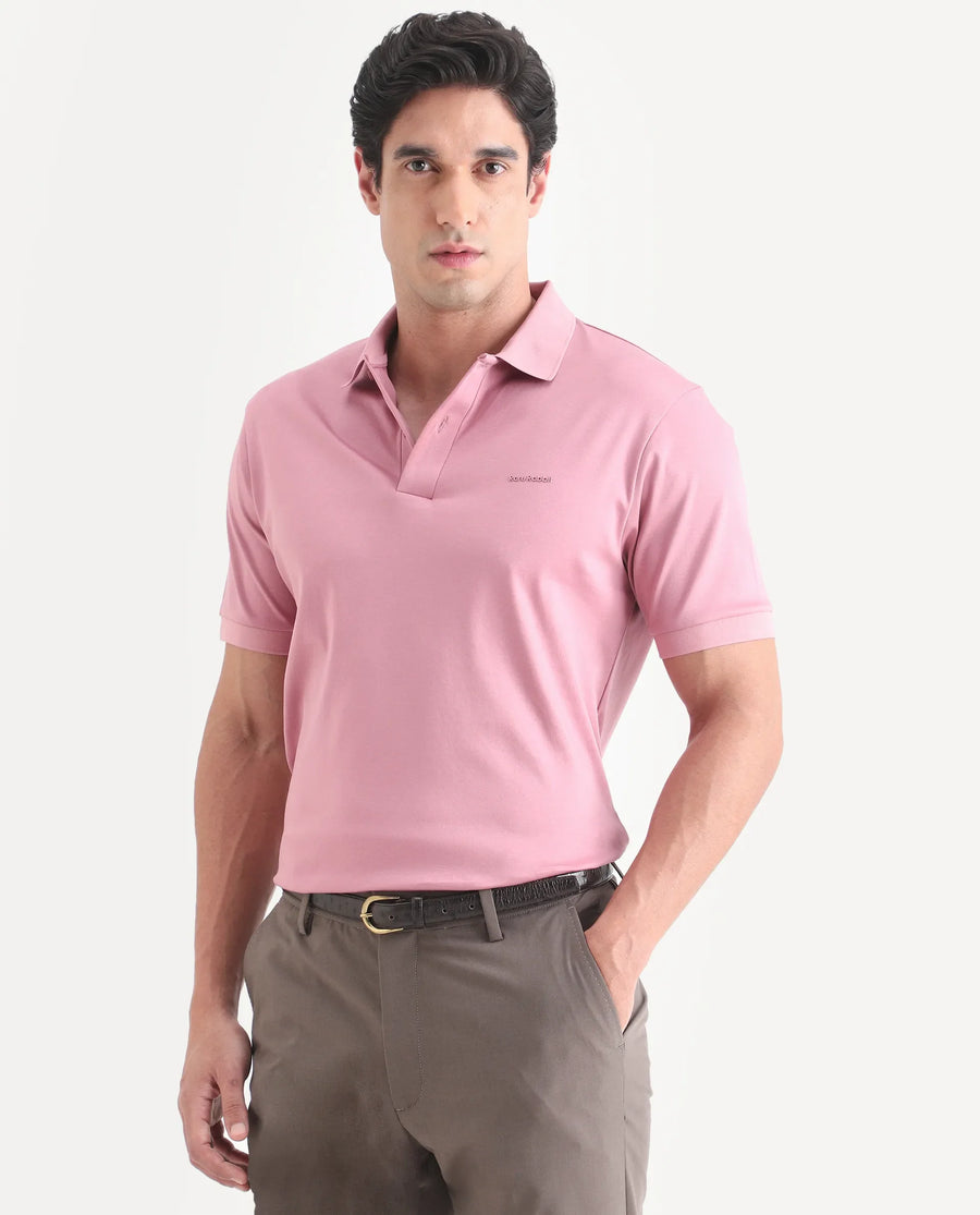 Rare Rabbit Men's Row-S26 Dusky Pink Cotton Fabric Half Sleeve Spread Collar Regular Fit Plain Polo