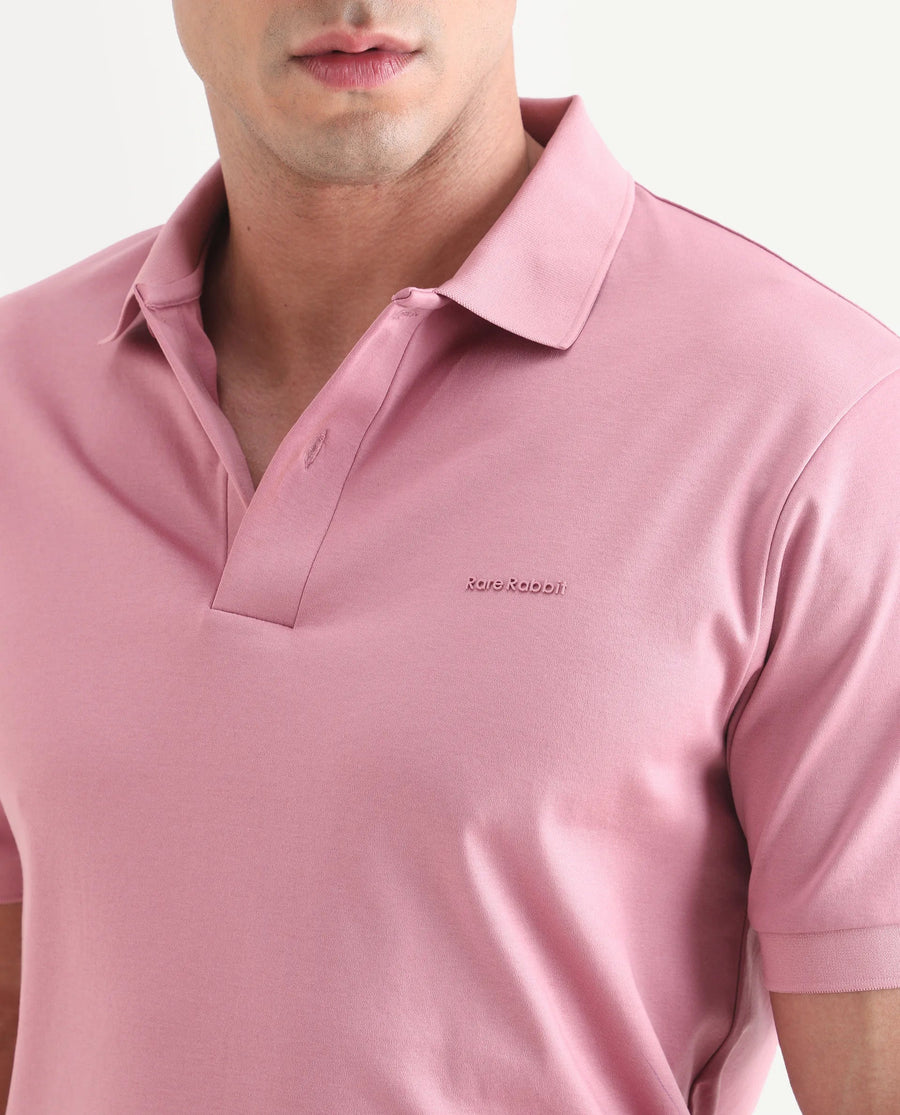 Rare Rabbit Men's Row-S26 Dusky Pink Cotton Fabric Half Sleeve Spread Collar Regular Fit Plain Polo