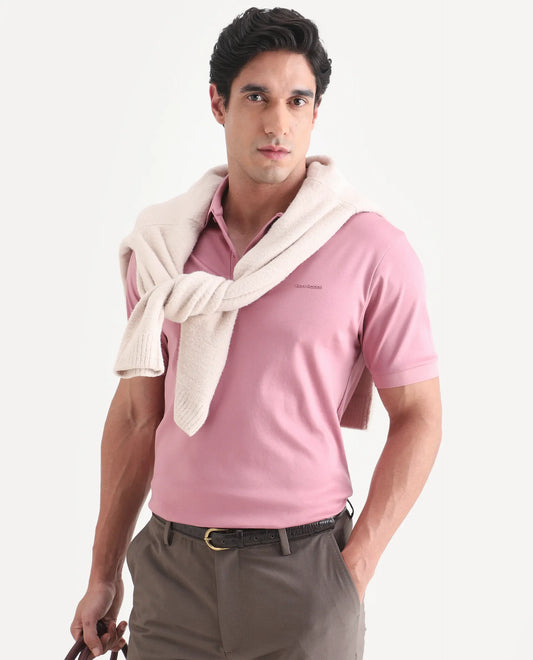 Rare Rabbit Men's Row-S26 Dusky Pink Cotton Fabric Half Sleeve Spread Collar Regular Fit Plain Polo