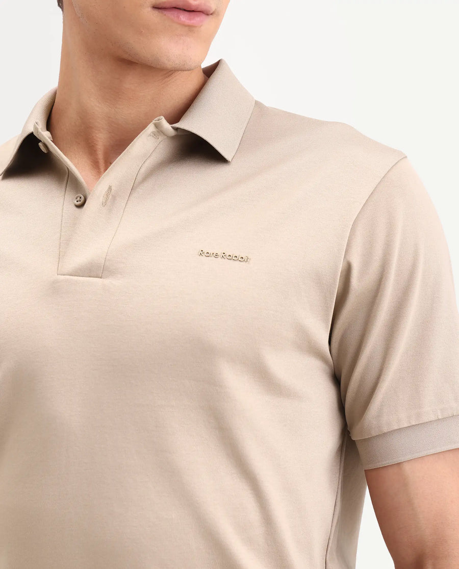 Rare Rabbit Men's Row-S26 Beige Cotton Fabric Half Sleeve Spread Collar Regular Fit Plain Polo
