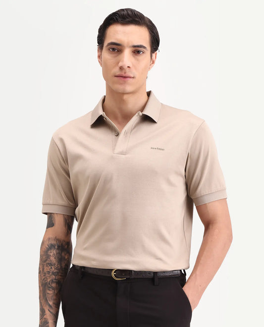 Rare Rabbit Men's Row-S26 Beige Cotton Fabric Half Sleeve Spread Collar Regular Fit Plain Polo
